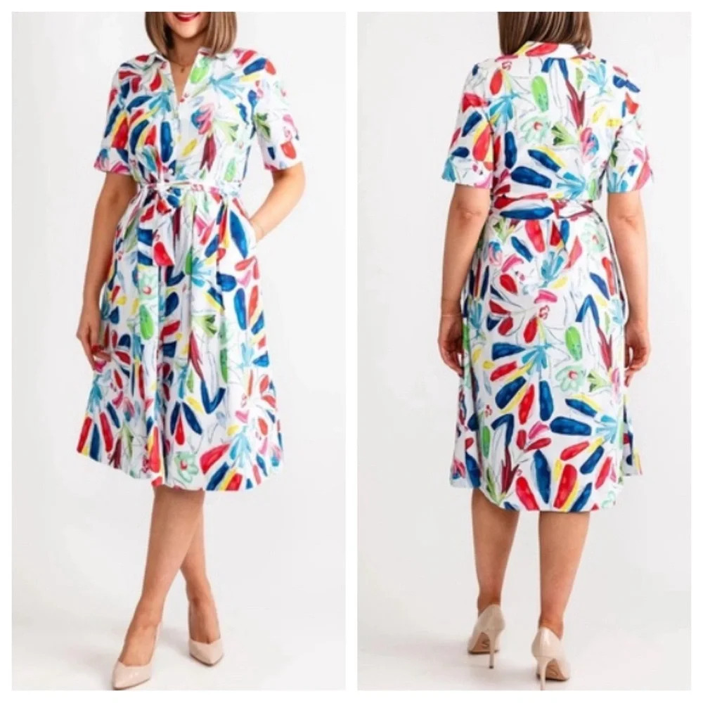 Dolcezza Tropical Trace Midi Shirt Dress painterly art to wear 33637